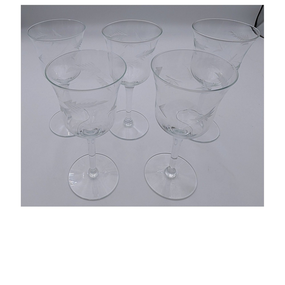 Vintage Etched Wheat and Star Wine Glasses Set of 5 Clear Crystal Stemware